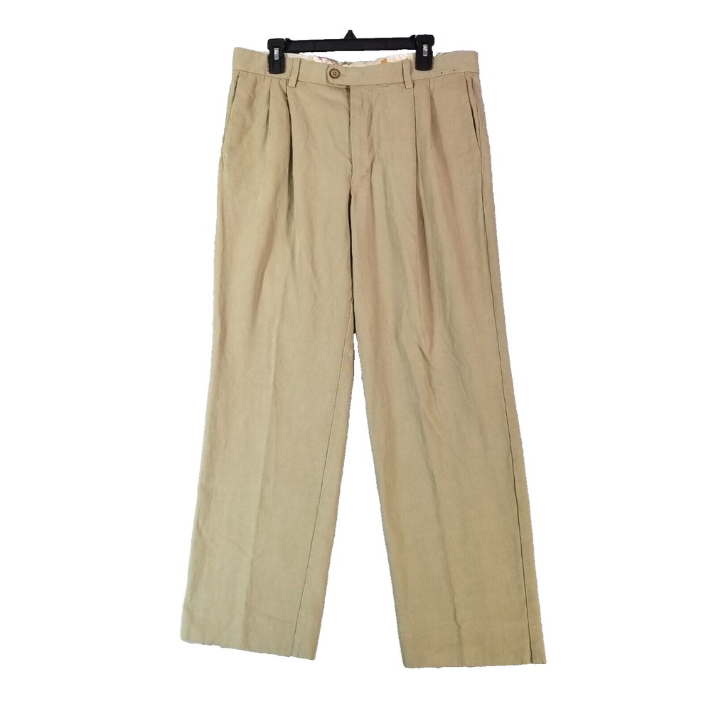 Tommy Bahama Pants Mens 34x30 Beige Silk Pleated Chino Tropical Beach Luxury